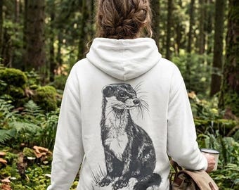 Vintage Ferret Backprint Hoodie | Dark Academia Weasel Sweatshirt | Goblincore Forestcore Pullover | Woodland Creature Nature Art Clothing