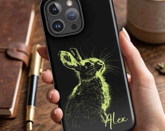 Personalisierte Kaninchen Handyhülle | Personalisierte Häschen-Abdeckung | Neon Tier Skizze Kunst | iPhone Tough Hülle | Samsung Galaxy | Name Tech Geschenk