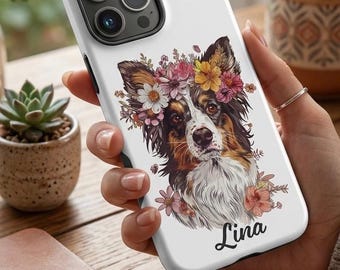 Custom Flower Crown Dog Phone Case | Personalized Border Collie Cover | Boho Pet Portrait | iPhone Tough Case | Samsung Galaxy