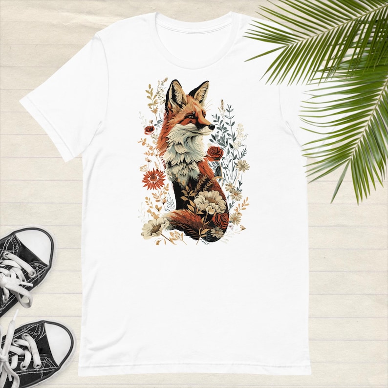 Vintage Style Fox T-shirt Forestcore Tee Graphic Fox Tee Vintage looking Fox in Flowers Tee Gift Fox Lover