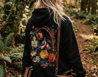 Floral Bird Back Print Hoodie, Cottagecore Hoodie, Bird Hoodie, Vintage Floral Hoodie, Autumn Hoodie, Bird Sweatshirt, Forestcore Sweater