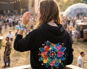 Watercolor Mandala Backprint Hoodie | Colorful Boho Spiritual Sweatshirt | Meditation Yoga Pullover | Vibrant Lotus Aesthetic Festival Wear