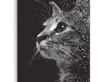 Monochrome Cat Painting Canvas Print, Cat Portrait Wall Art, Feline Livingroom Wall Decor, Cat Lover Gift, Cat Housewarming Gift, Cat Print