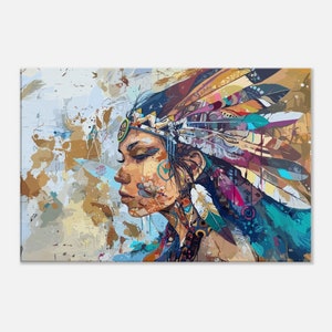 Colorful Native Indian Cherokee  Print Abstract Tribal Painting Feminine Native Indian With Feather Crown Digital Art Canvas Print Fine Art