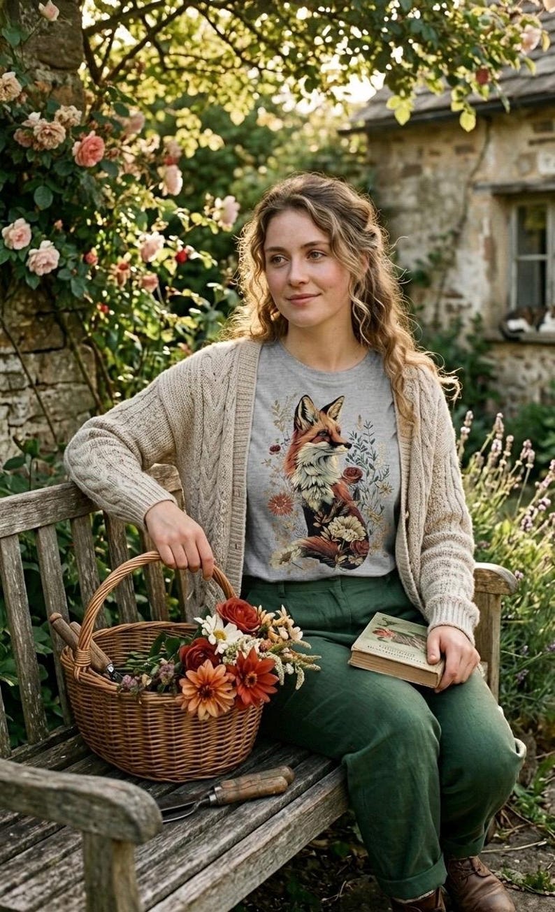 May include: A woman wearing a gray t-shirt with a fox graphic, a beige cardigan, and green pants, sitting on a wooden bench. A wicker basket filled with flowers and a book are in her lap. The scene is set in a garden with a stone building in the background.