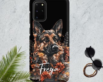 Custom German Shepherd Tough Phone Case Personalized Dog Name Autumn Fall Floral iPhone 18  & Samsung Galaxy Dual Layer Shockproof