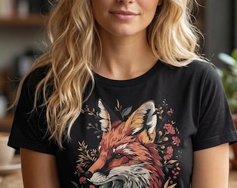 花柄キツネTシャツ、グラフィックキツネシャツ、コテージコアシャツ、花柄シャツ、キツネ好きへのギフト、アニマルTシャツ、フォレストコアシャツ、キツネ柄Tシャツ、ユニセックス