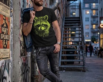 Camiseta de mapache neón, camiseta gráfica de panda basurero, top de mapache cyberpunk, ropa urbana vanguardista, arte animal synthwave, mapache eléctrico, regalo para gamers
