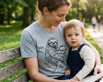 Sloth Mom Shirt, Motherhood Graphic Tee, New Mom Gift, Cute Sloth and Baby Top, Nurturing Animal Art, Mother's Day Sloth, Mama Sloth Tee