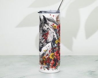 Bicchiere in acciaio inossidabile con cavallo personalizzato, tazza da viaggio con cavallo personalizzata, regalo personalizzato per gli amanti dei cavalli, bicchiere con cavallo floreale personalizzato con cannuccia