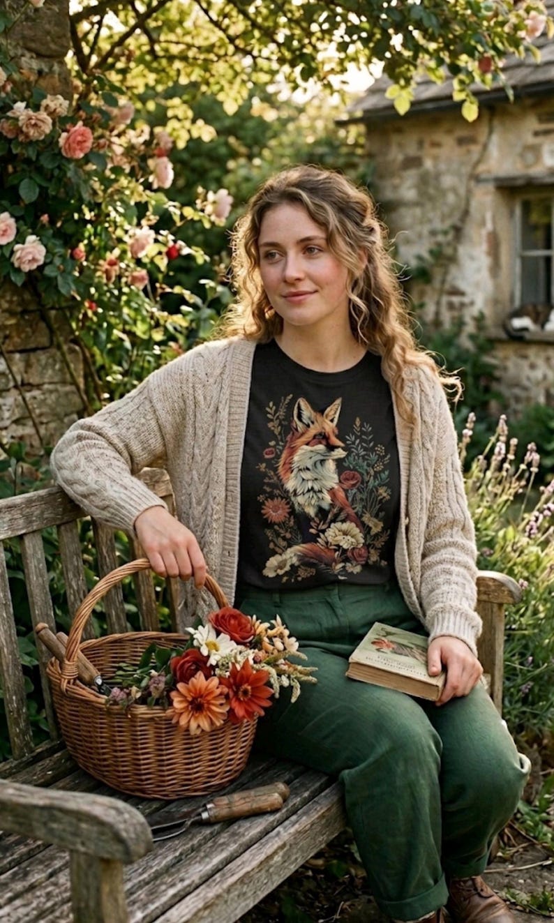 May include: A woman wearing a black t-shirt with a fox illustration, a beige cardigan, and green pants, sitting on a wooden bench. A wicker basket filled with flowers and a book are on the bench. The scene is set outdoors with a stone building and flowers.