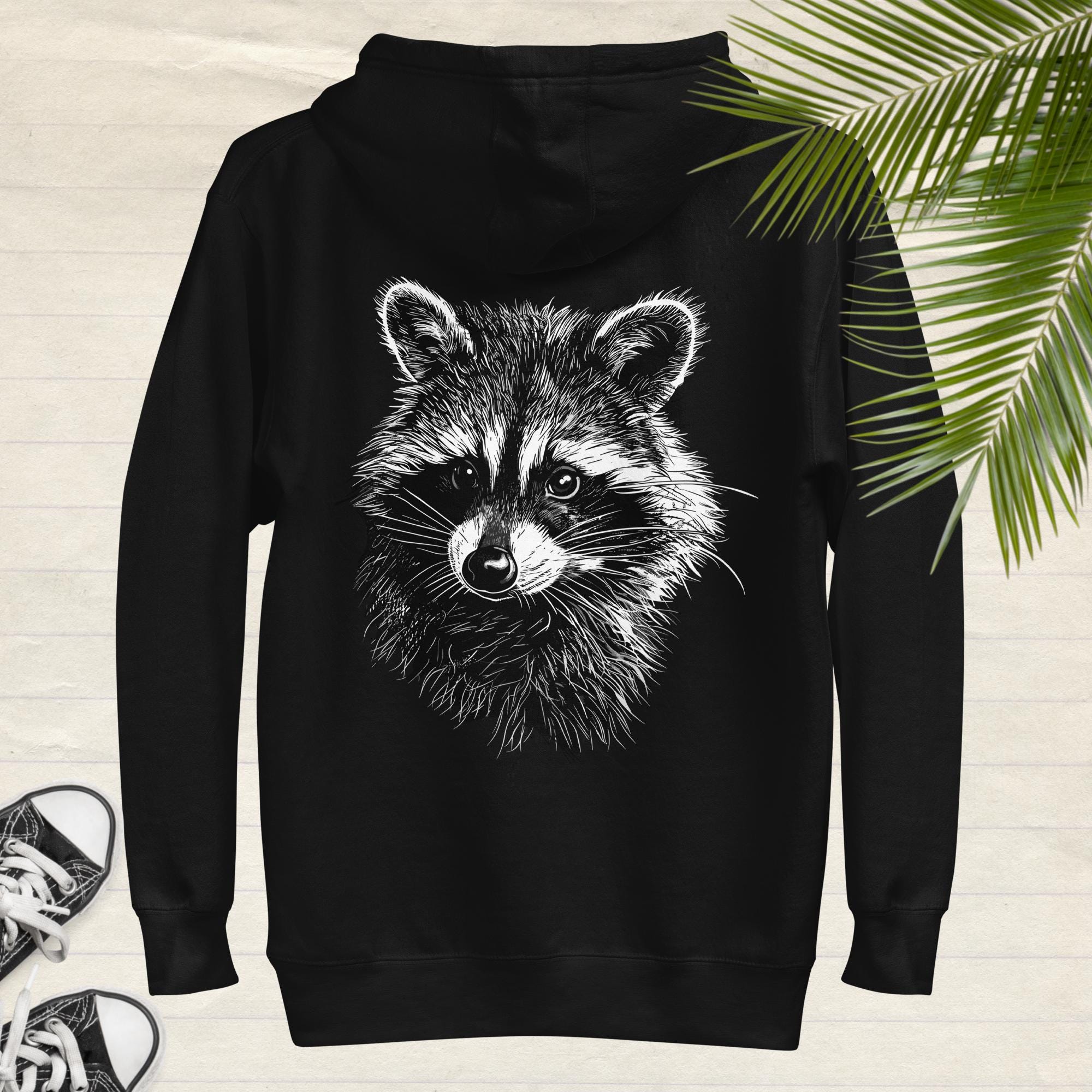 Raccoon Hoodie, Monochrome Raccoon Back Print Sweatshirt, Raccoon