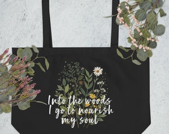 Pressed Flowers Large Organic Tote Bag, Inspirational Shopping Bag,  Eco Friendly Tote Bag, Black Tote Bag, Floral Cottagecore Tote Bag