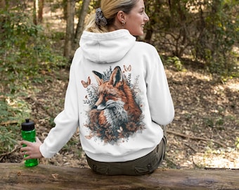 Sudadera con capucha de zorro floral, sudadera con capucha de Forest Queen, elegante sudadera con capucha de zorro, bonito regalo para los amantes de los zorros, sudadera con capucha con estampado de animales en la espalda grande, sudadera con capucha Cottagecore