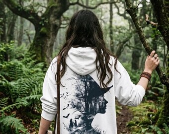 Witch Silhouette Hoodie, Graphic Pagan Back Print Hoodie, Halloween Hoodie, Witchy Sweatshirt, Halloween Pullover, Abstract Witch Sweater