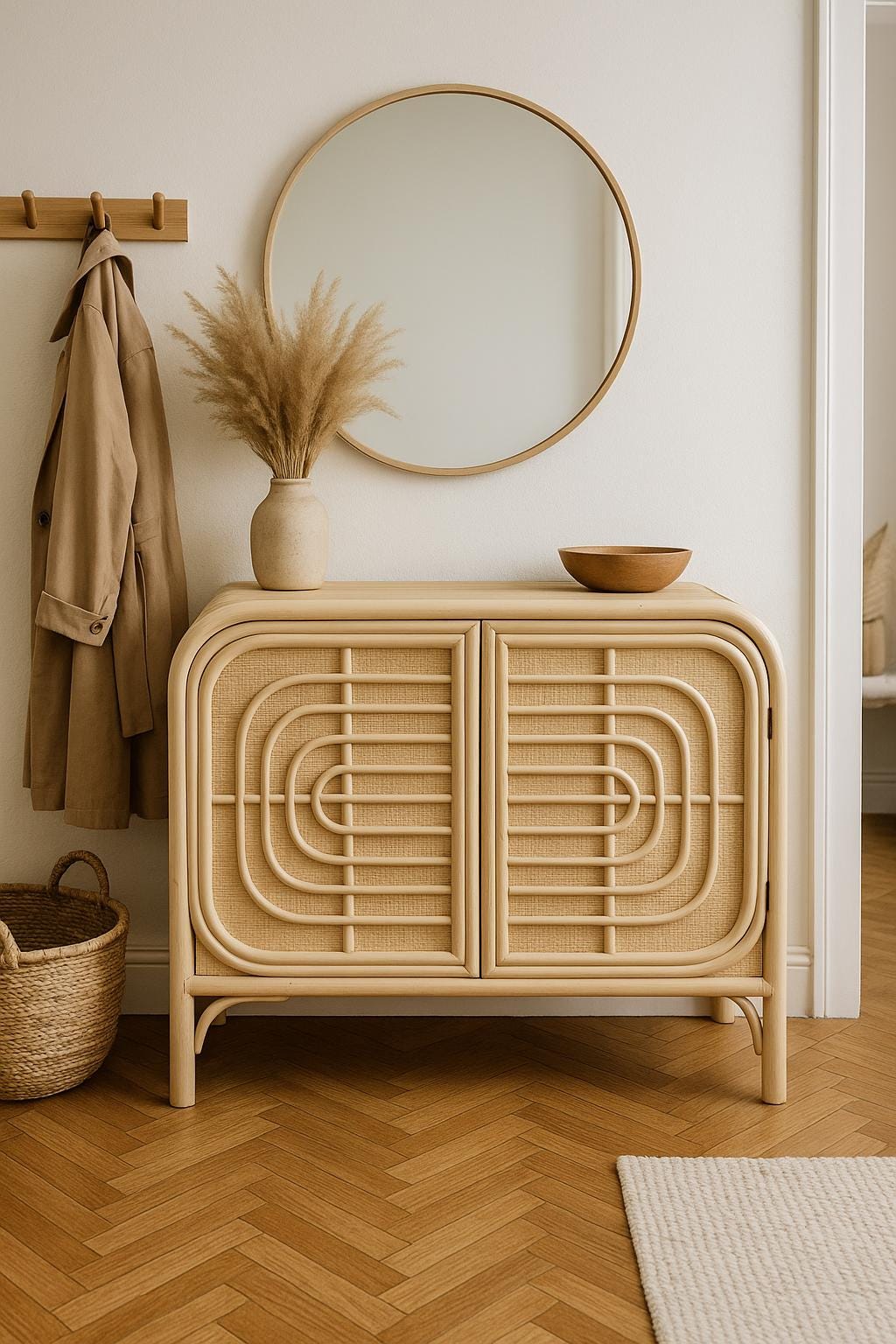 天然ラタンサイドボード - ヴィンテージボヘミアン籐キャビネット