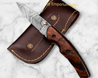 Damascus Folding knife with leather holster, custom handmade folding knife,Best for Christmas gift , for gift,
