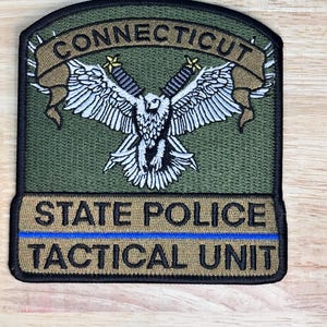 May include: A green and tan embroidered patch with a white eagle with outstretched wings holding two crossed swords. The eagle is centered on the patch with a tan banner above it that reads "CONNECTICUT". Below the eagle is a blue stripe and the text "STATE POLICE TACTICAL UNIT".