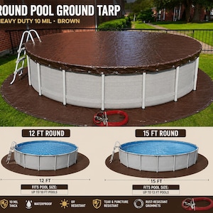Könnte beinhalten: Eine braune, runde Bodenplane für Pools mit einer Stärke von 10 mil. Das Bild zeigt einen Pool mit der Plane, ein rotes Kabel sowie Textbeschriftungen für 12 ft und 15 ft Größen. Sie ist wasserdicht, UV-beständig sowie reiß- und stichfest.