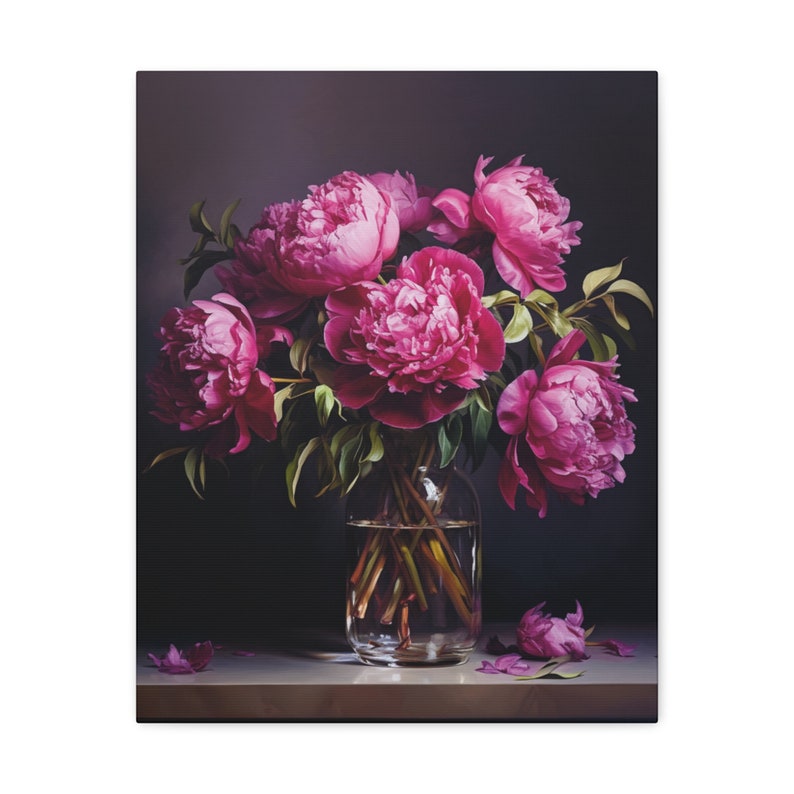 Moody Magenta Peonies Print, Pink Peony Art, Still Life Peonies, Unframed Canvas Gallery Wrap, Multiple Sizes Available, 1.25" Deep image 5