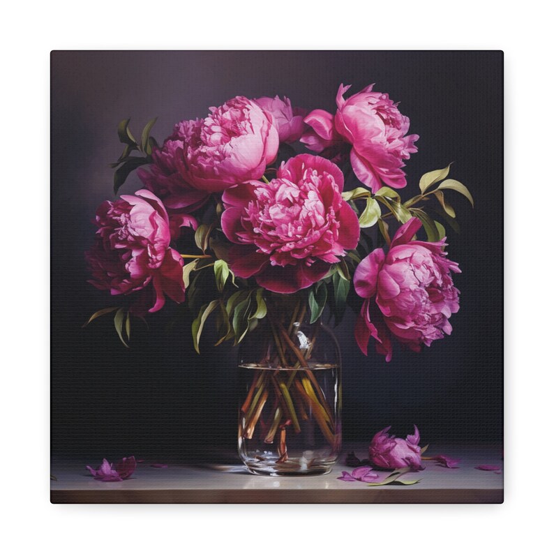 Moody Magenta Peonies Print, Pink Peony Art, Still Life Peonies, Unframed Canvas Gallery Wrap, Multiple Sizes Available, 1.25" Deep image 3