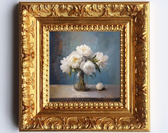 White Peonies In Glass Vase Print, Still Life Peony Art, Moody Flower Art, Unframed Canvas Gallery Wrap, Multiple Sizes Available,1.25" Deep