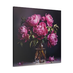 May include: A bouquet of vibrant pink peonies arranged in a clear glass vase. The flowers are set against a dark background, creating a dramatic and elegant composition.