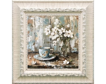 Tea Cup with Vase of White Flowers Print, Cafe Art, Canvas Gallery Wrap, Farmhouse Art, Multiple Sizes Available, 1.25" Deep, Unframed