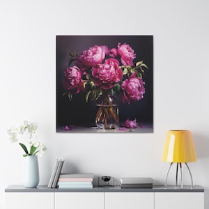 May include: A bouquet of vibrant pink peonies arranged in a clear glass vase with a dark background. The peonies are in full bloom and have a soft, delicate texture.