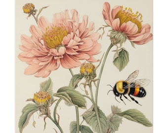 Vintage Style Botanical Flowers With Bumble Bee 3, Matte Canvas, Stretched, 0.75"- Collection WA1015