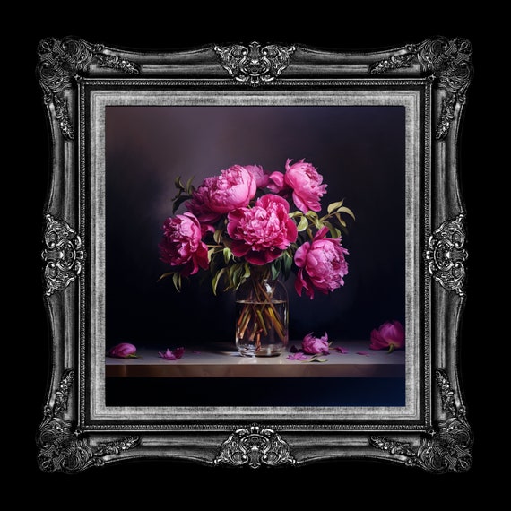Moody Magenta Peonies Print, Pink Peony Art, Still Life Peonies, Unframed Canvas Gallery Wrap, Multiple Sizes Available, 1.25" Deep