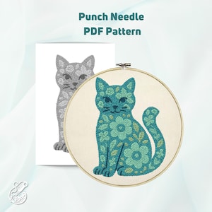 Peut inclure: Un modèle de broderie au poinçon pour un chat bleu turquoise avec des détails floraux. Le motif est dans un cercle et comprend un contour gris du chat.