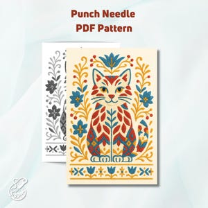 May include: Punch needle pattern PDF for a colorful cat with a floral design. The cat is red, blue, and yellow, and the flowers are blue, yellow, and green. The background is a light beige.