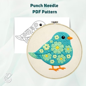 May include: A teal punch needle embroidery of a bird decorated with light green and yellow flowers, set in a wooden embroidery hoop. A black and white line drawing of the bird is visible in the background. The text "Punch Needle PDF Pattern" is at the top.