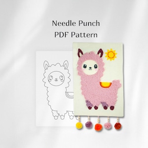 May include: Needle punch PDF pattern for a llama with a pink body, yellow sun, and colorful tassels. The pattern includes a black and white outline of the llama.