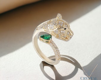 Handgemaakte ring met luipaardzirkonia, zilver of goudkoper