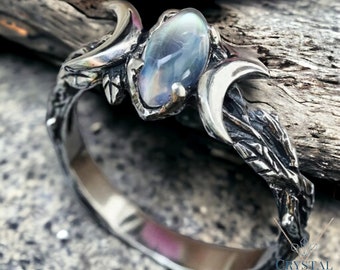 Tibetan Silver Healing Gemstone Ring, Double Moon Anti Anxiety Jewellery Ring, Mental Health Moonlight Geometry Accessory