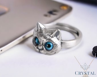 Handmade Cat Charm Ring, Silver Metal Adjustable Band, Healing Jewelry