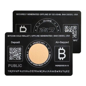 May include: Black Bitcoin cold wallet card with a silver Bitcoin symbol, a QR code, and the text "Deposit", "Private Key", "Air-Gapped", "Public", and "19J5VdF4ztVAuDEf6mMJNutAAmSwNzYq62".