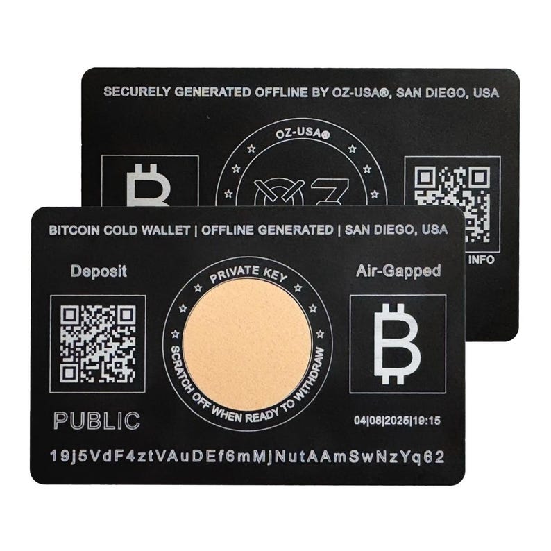 May include: Black Bitcoin cold wallet card with a silver Bitcoin symbol, a QR code, and the text "Deposit", "Private Key", "Air-Gapped", "Public", and "19J5VdF4ztVAuDEf6mMJNutAAmSwNzYq62".
