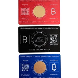 May include: Three Bitcoin cold wallets, each with a unique design. The first is red with a gold circle, the second is black with a white circle, and the third is blue with a gold circle. Each wallet has a QR code, a Bitcoin symbol, and the text "Deposit", "Public", "Private Key", and "Air-Gapped".