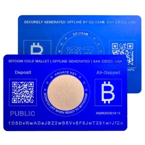 May include: A blue plastic card with a Bitcoin logo and a QR code. The card says "Bitcoin Cold Wallet | Offline Generated | San Diego, USA". It also has a section labeled "Deposit" with a QR code and a section labeled "Private Key" with a circle that says "Scratch Off When Ready To Withdraw".