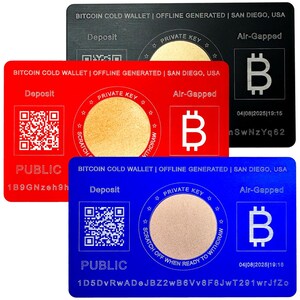 May include: Three Bitcoin cold wallets with a black, red, and blue background. Each wallet has a QR code, a private key, and a Bitcoin symbol. The text on the wallets reads "Bitcoin Cold Wallet | Offline Generated | San Diego, USA", "Deposit", "Private Key", "Air-Gapped", "Public", and the date and time.