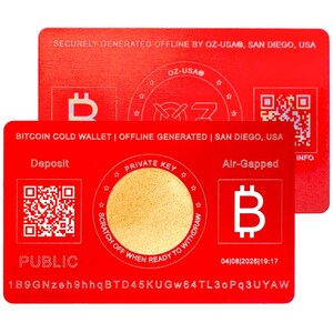 May include: Red plastic card with a Bitcoin logo, a QR code, and the text "Bitcoin Cold Wallet | Offline Generated | San Diego, USA". The card has a gold circle with the text "Private Key" and a scratch-off area. The text "Air-Gapped" is also visible.