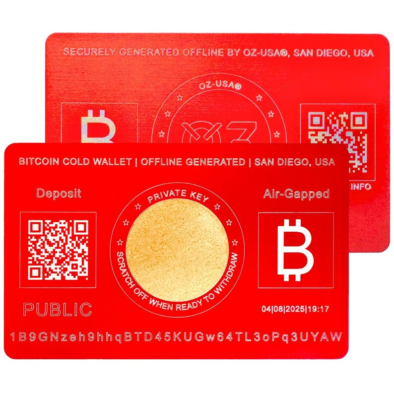 May include: Red plastic card with a Bitcoin logo, a QR code, and the text "Bitcoin Cold Wallet | Offline Generated | San Diego, USA". The card has a gold circle with the text "Private Key" and a scratch-off area. The text "Air-Gapped" is also visible.