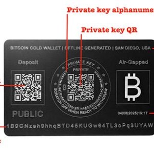 May include: Black plastic card with a Bitcoin logo and two QR codes. The card has the text "BITCOIN COLD WALLET | OFFLINE GENERATED | SAN DIEGO, USA" and "Air-Gapped". The card also has the text "Public" and "Private" with alphanumeric codes below each.