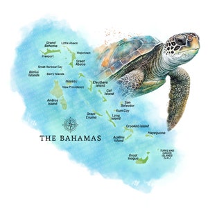 Puede incluir: Un mapa de acuarela de las Bahamas con una tortuga marina verde nadando sobre las islas. El mapa muestra los nombres de las islas, incluyendo Great Abaco, Eleuthera Island, Cat Island, San Salvador, Rum Cay, Long Island, Crooked Island, Acklins Island, Mayaguana, Great Inagua y las Islas Turcas y Caicos (Reino Unido).