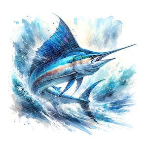 Watercolor Marlin DIGITAL DOWNLOAD sports fishing graphics marlin print sport fish marlin watercolor marlin wall art ocean theme wall art