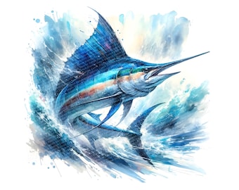 Watercolor Marlin DIGITAL DOWNLOAD sports fishing graphics marlin print sport fish marlin watercolor marlin wall art ocean theme wall art