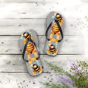 Bee Inspired Flip Flops, Summer Beachwear, Casual Footwear, Gift for Nature Lovers, Cute Bee Design, Vacation Essentials | Mother&#39;s day gift